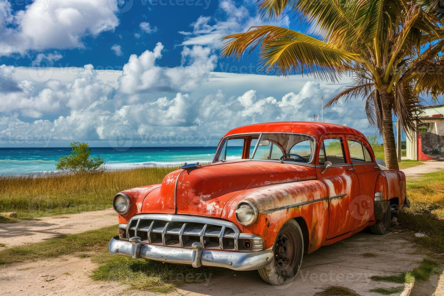 ai generado un antiguo coche estacionado en un tropical playa foto