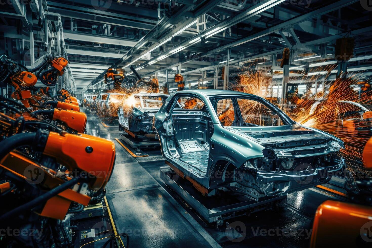 AI generated Modern car manufacturing factory, automobile assembly line, automotive industry. photo