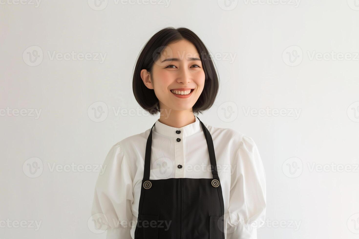 AI generated a Japanese woman with short bob hair wearing a white blouse and a black apron photo