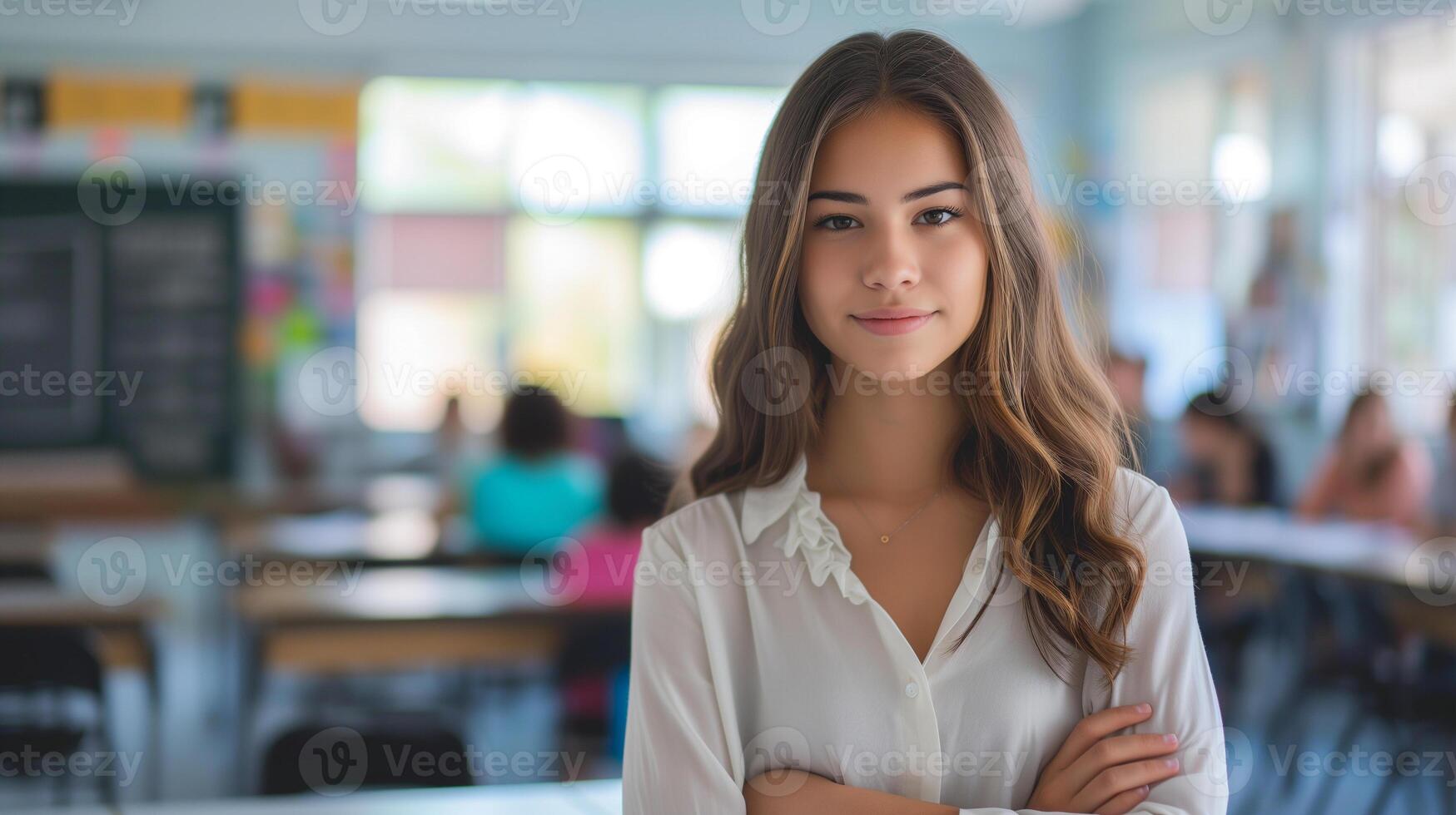 AI generated a beautiful young school teacher standing in the classroom photo