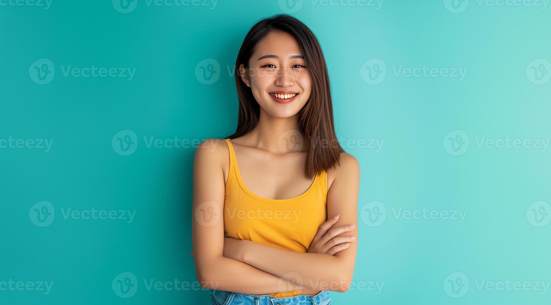 AI generated asian lady smiling wearing casual outfit yellow t-shirt summer photo concept