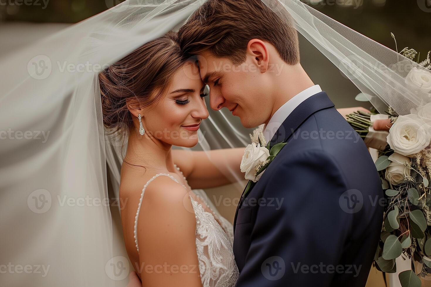 AI generated A romantic photograph capturing a newlywed couple in a tender embrace photo