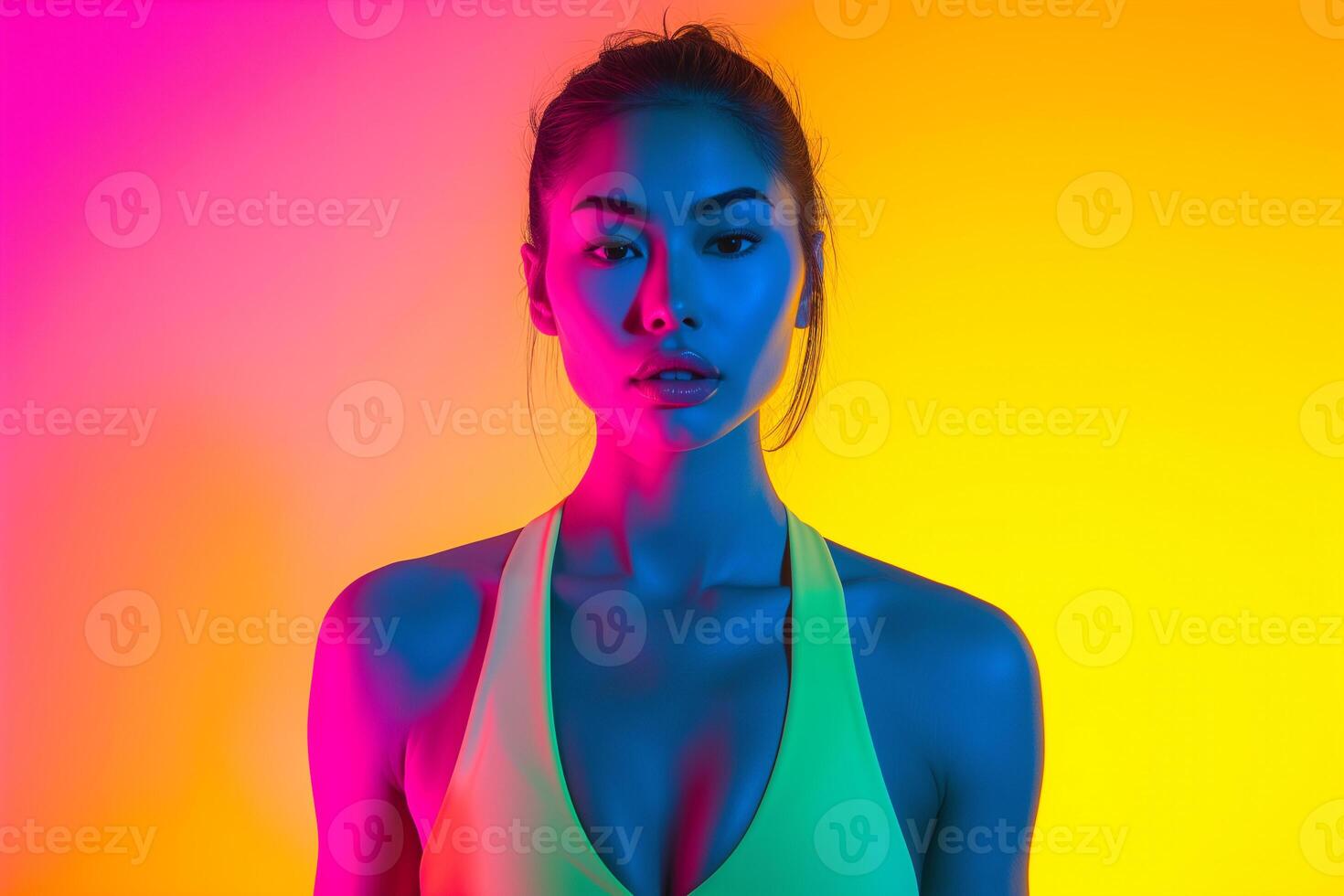 AI generated a fitness blogger standing in isolated minimalist color background dynamic fluorescent lighting photo