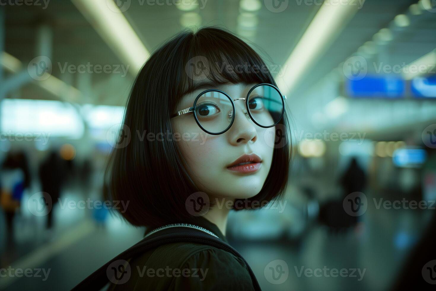 AI generated A lady with fashionable bob hairstyle and glasses walking through the airport photo