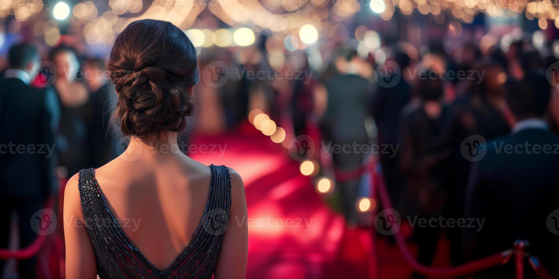 AI generated a lady attending a event with a red carpet and a crowd in the background photo
