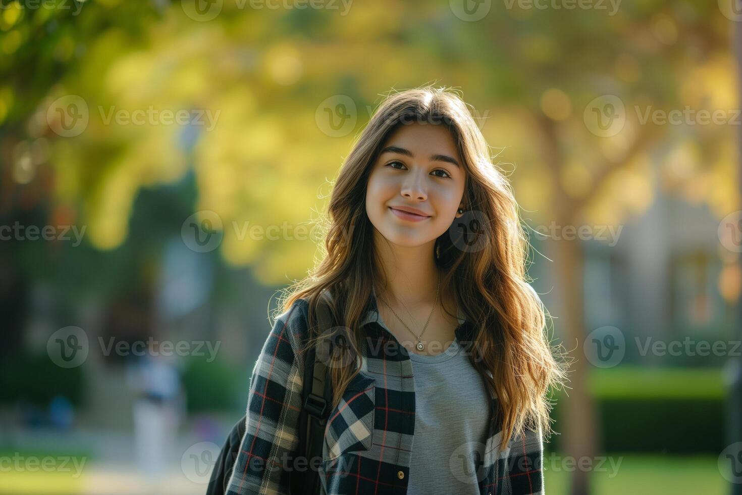 AI generated college girl in a casual yet stylish outfit with a backpack slung over one shoulder photo