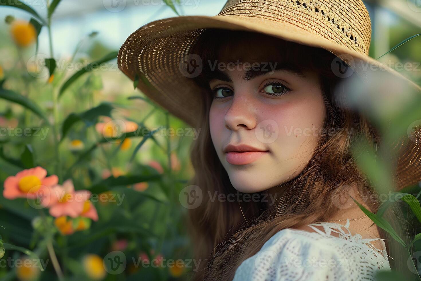AI generated a woman wearing straw hat in flower garden photo