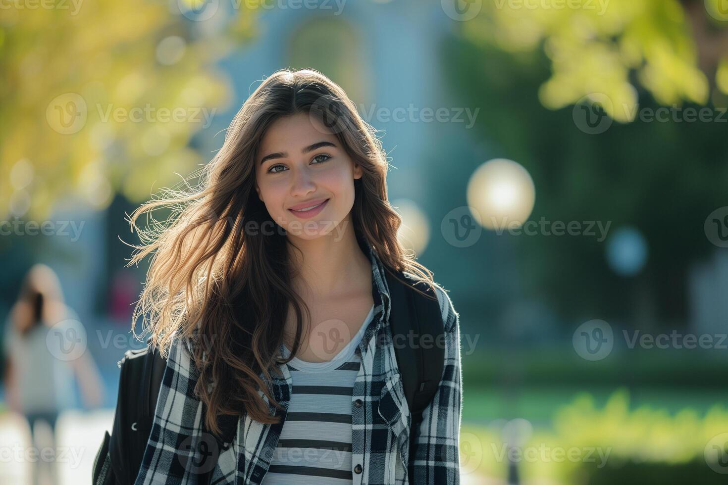 AI generated college girl in a casual yet stylish outfit with a backpack slung over one shoulder photo