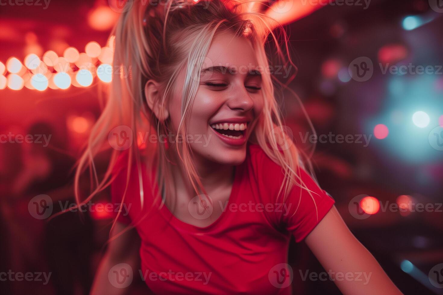 AI generated a girle with blonde hair in a ponytail joyfully dancing at a nightclub photo