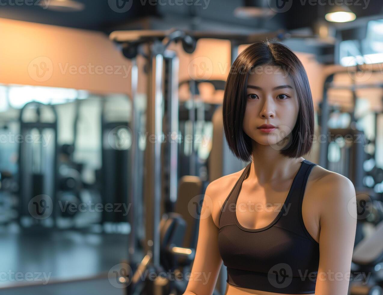 ai generado un dama trabajando fuera en un gimnasio con enfocado determinación foto