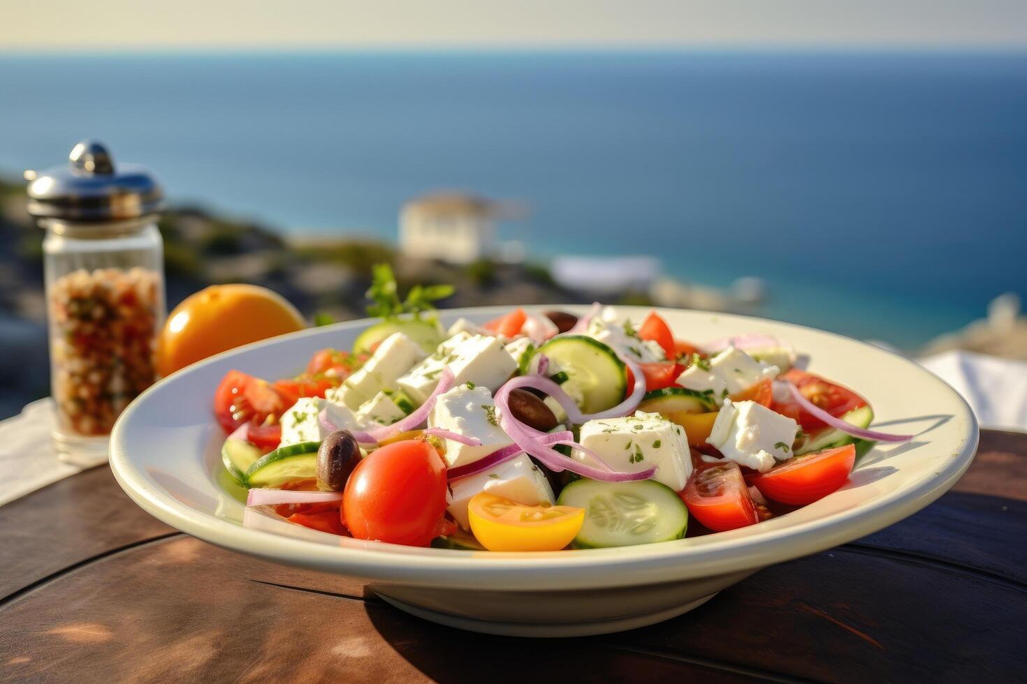 AI generated Greek salad with tomatoes, cucumbers, white feta cheese, olives and the sea in the background photo