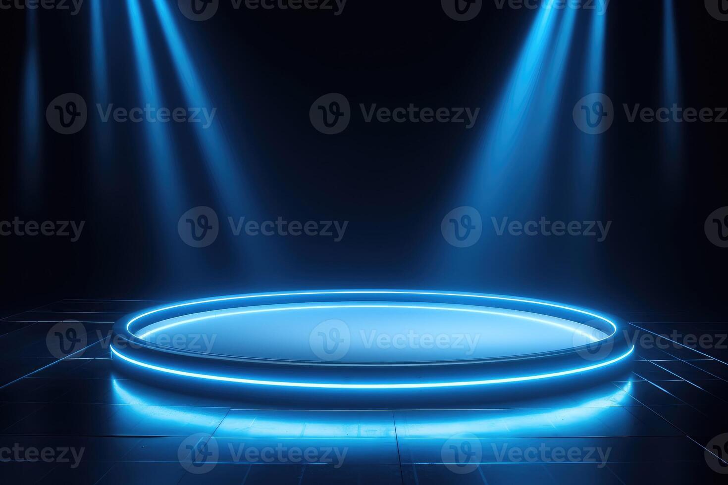 AI generated Empty stage of the theater, lit by spotlights before the performance. Blue round podium on bark background photo