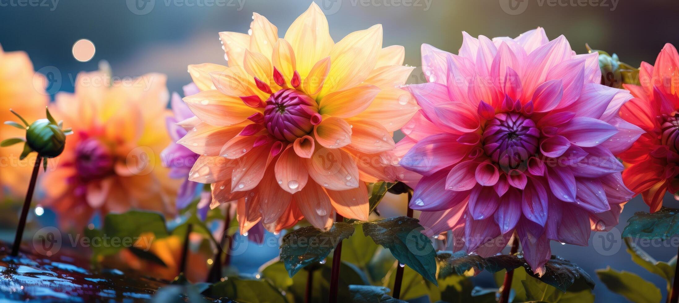 AI generated Colorful dahlia mix blooms with raindrops, flowers in the garden photo