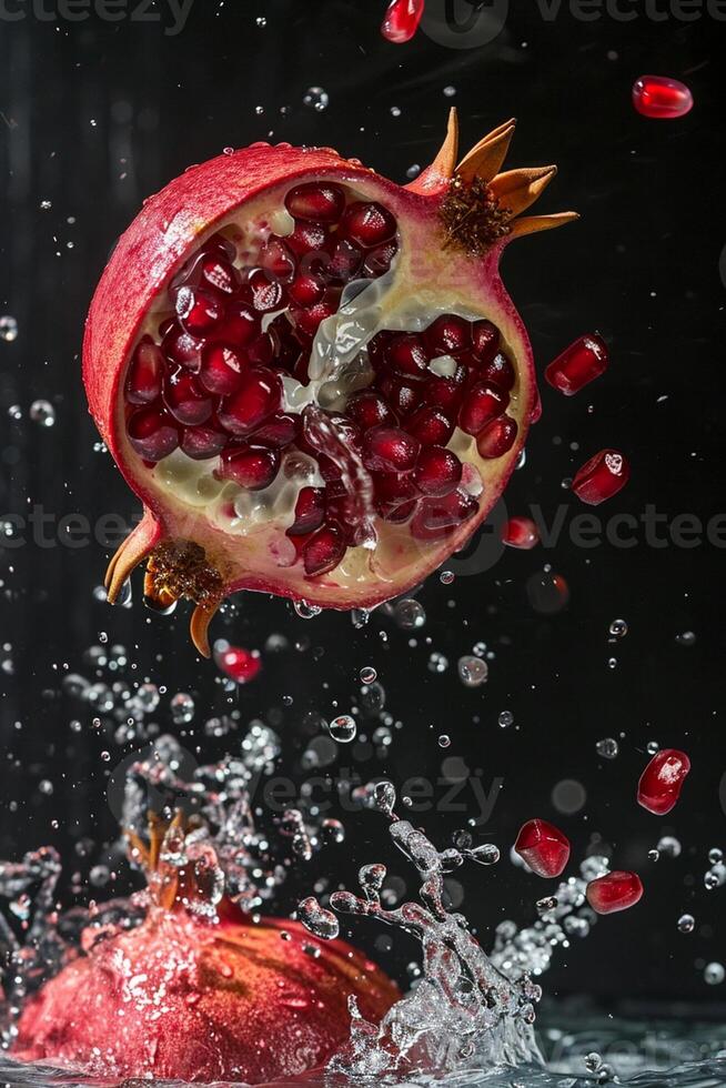 AI generated Pomegranate fruit falling into water on a dark background with scattering grains photo