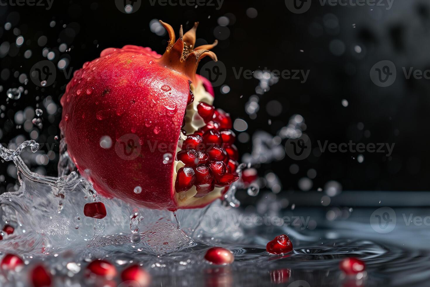 AI generated Pomegranate fruit with scattering grains on a dark background in splashes of water photo