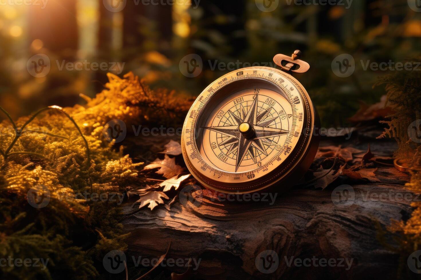 AI generated Vintage compass on the log in forest, warm sun light photo