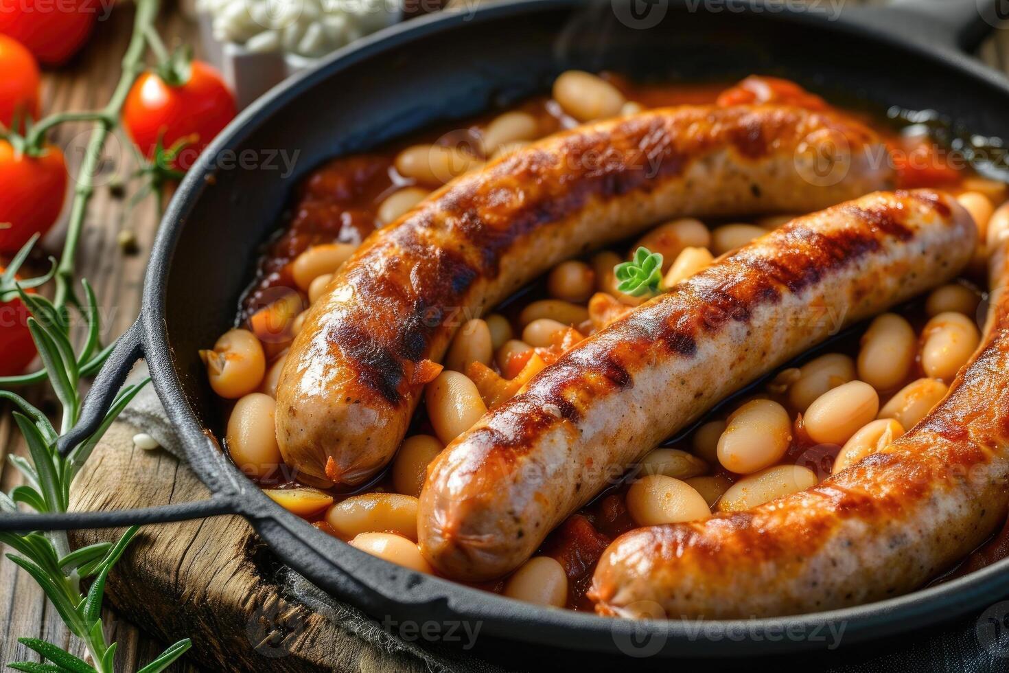 AI generated Grilled sausages with baked white beans in tomato sauce in frying pan photo