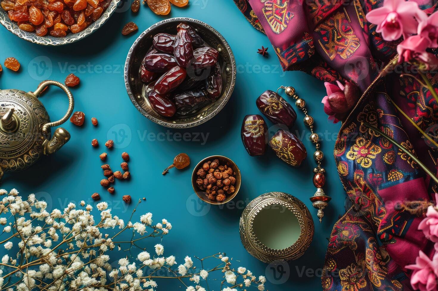 AI generated Muslim holiday concept. Ramadan Kareem and iftar Muslim food. Trays with nuts and dried fruits photo