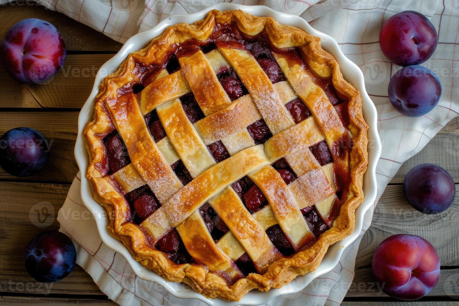 AI generated Homemade plum pie. Autumn plum pie. photo