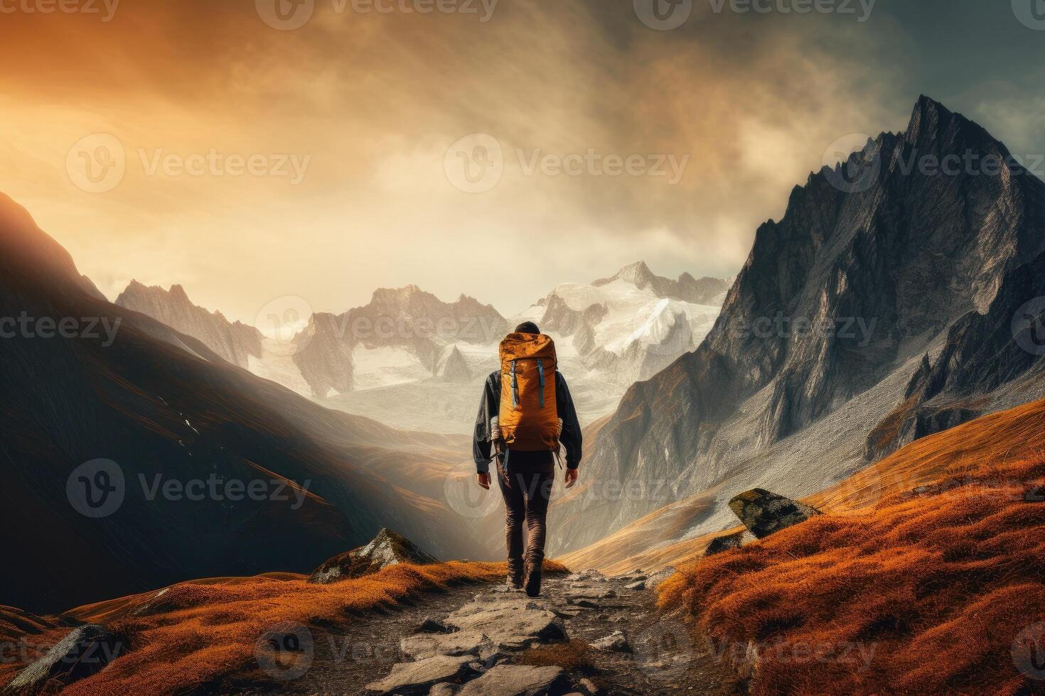 AI generated Hiker walking to mountains. photo