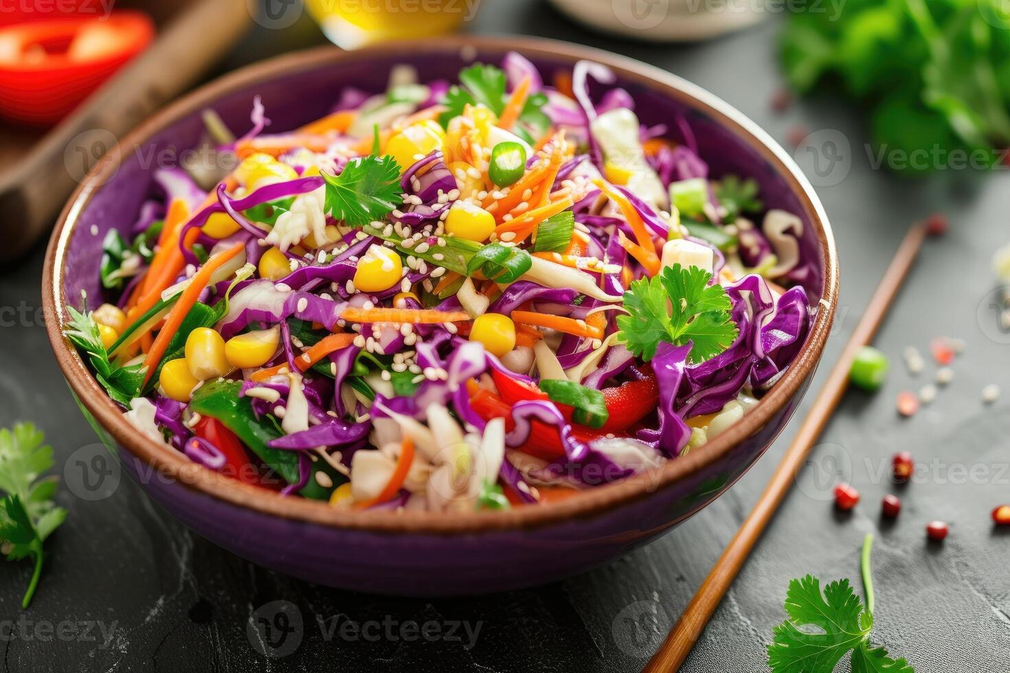 AI generated Cabbage salad with sweet corn in a bowl. photo