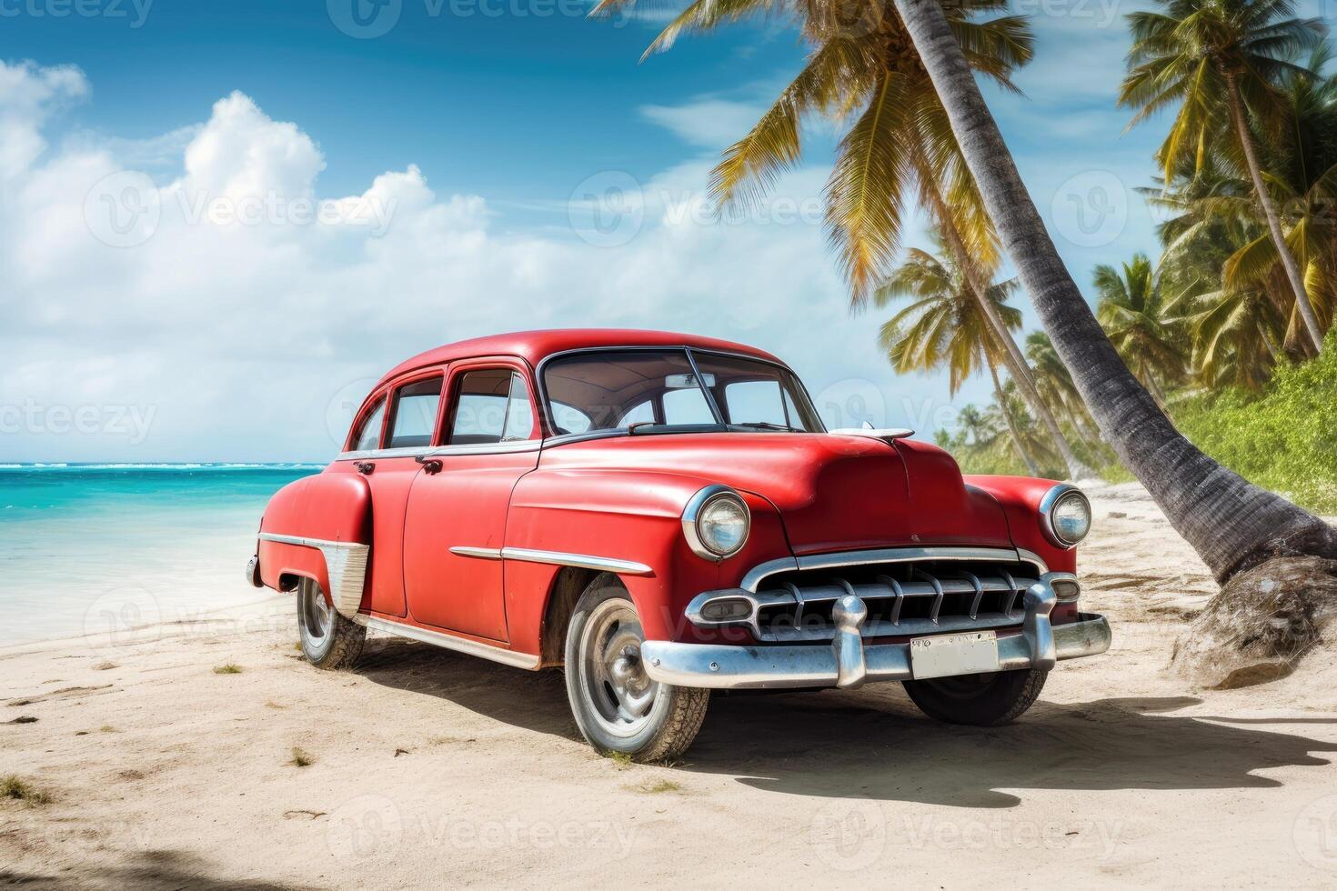 ai generado rojo antiguo coche estacionado en un tropical playa foto