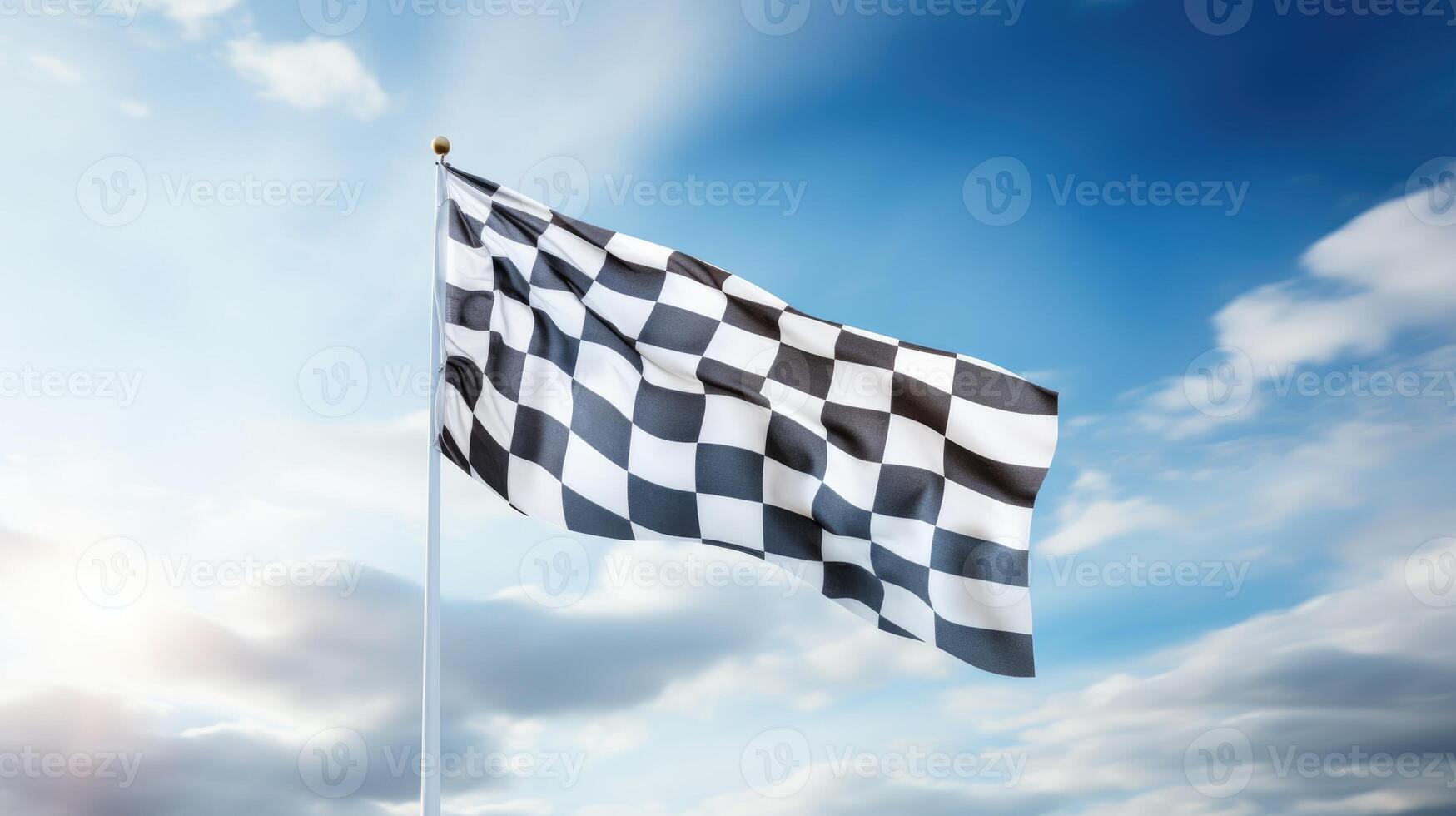 AI generated Checkered flag being waved against a backdrop of billowing white clouds evoking a feeling of triumph and accomplishment. photo