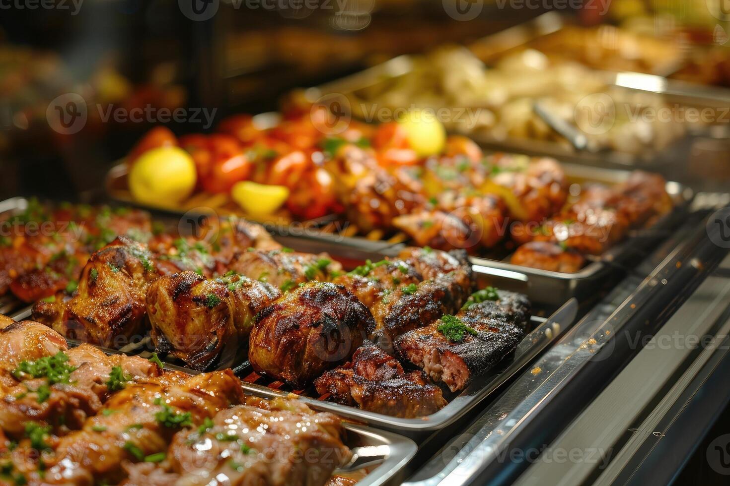 AI generated Catering buffet food indoor in restaurant with grilled meat. photo