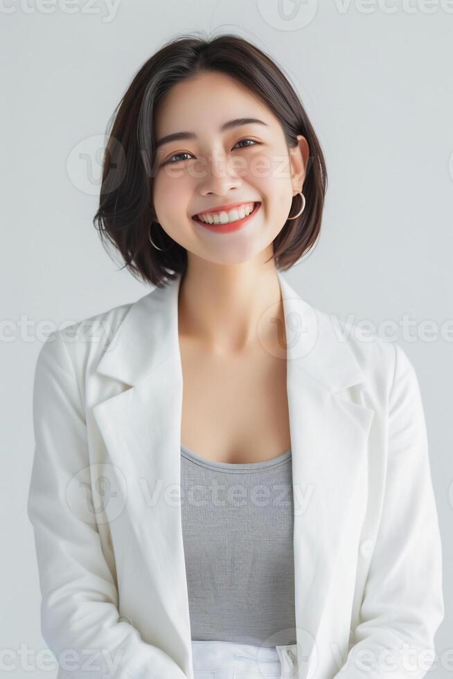 ai generado un confidente joven dama vistiendo blanco chaqueta de sport sonriente animado en aislado llanura estudio antecedentes foto