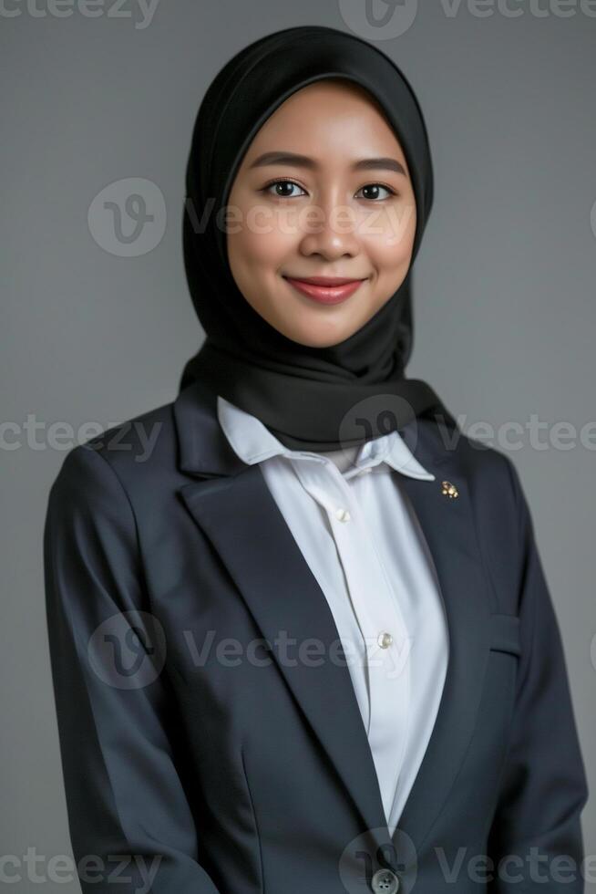 joven musulmán mujer de negocios con positivo expresión sonriente en aislado estudio antecedentes foto