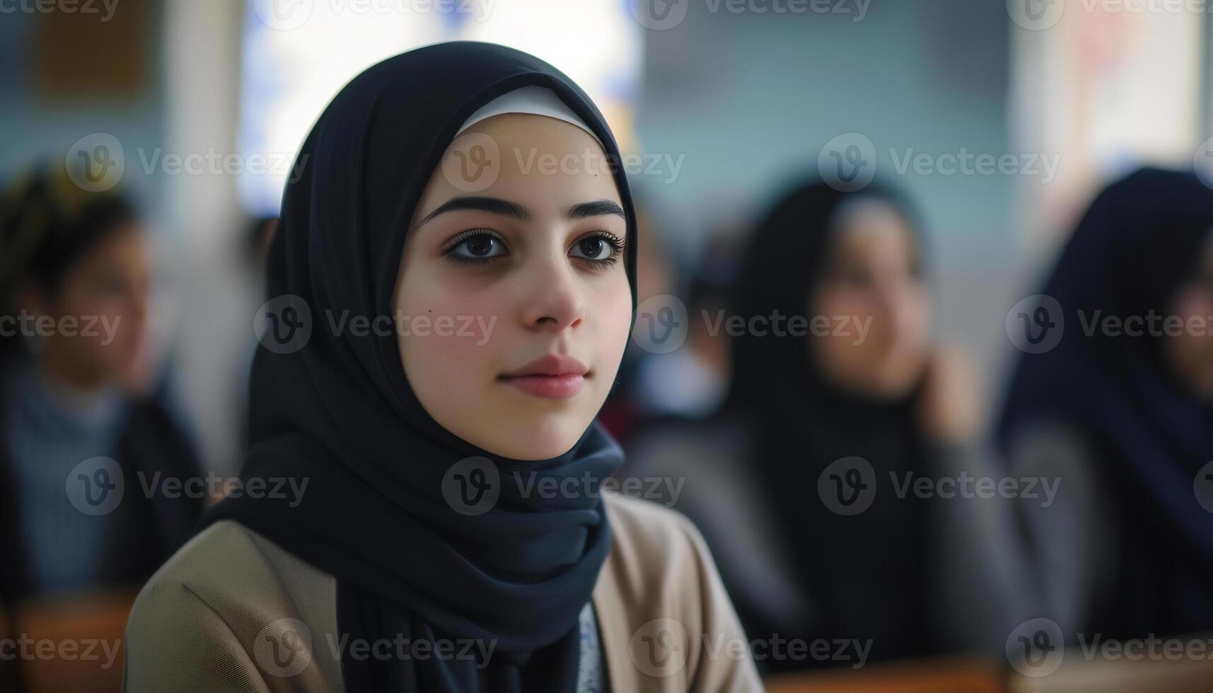 a young muslim woman in a hijab in a classroom photo