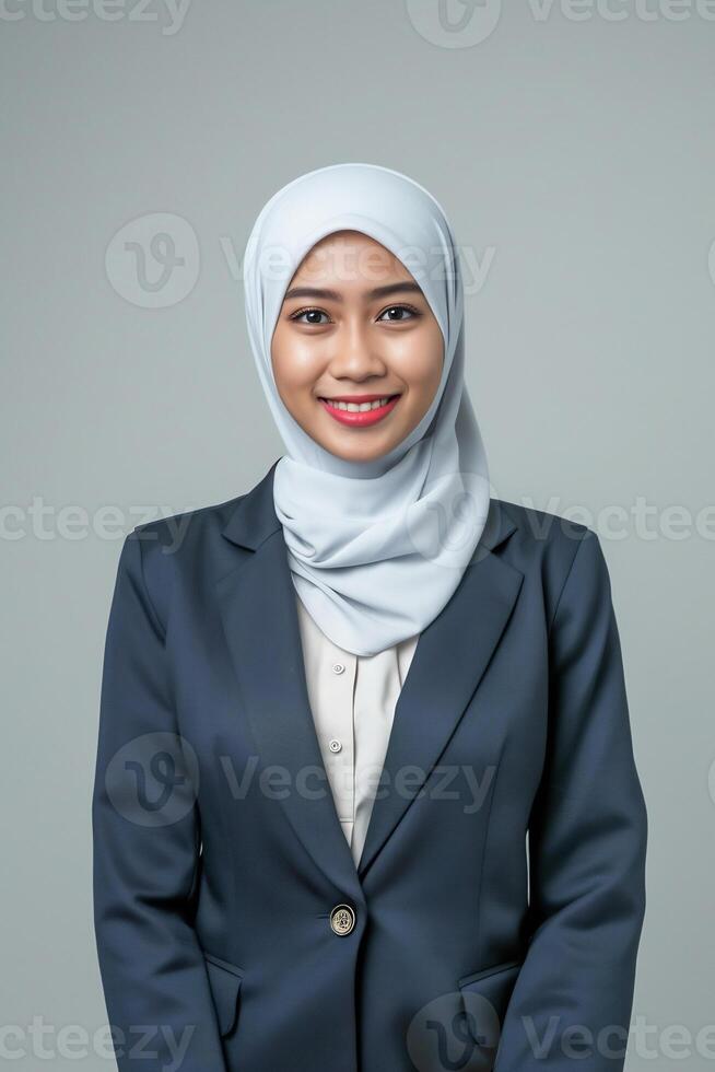 joven musulmán mujer de negocios con positivo expresión sonriente en aislado estudio antecedentes foto