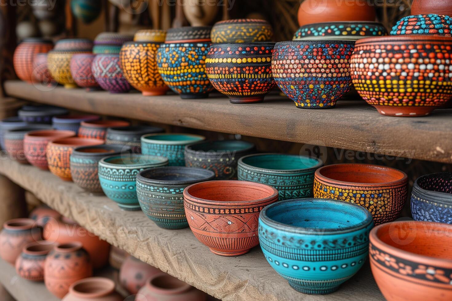 AI generated Ethnic dishes and bowls on a shelf in a store photo