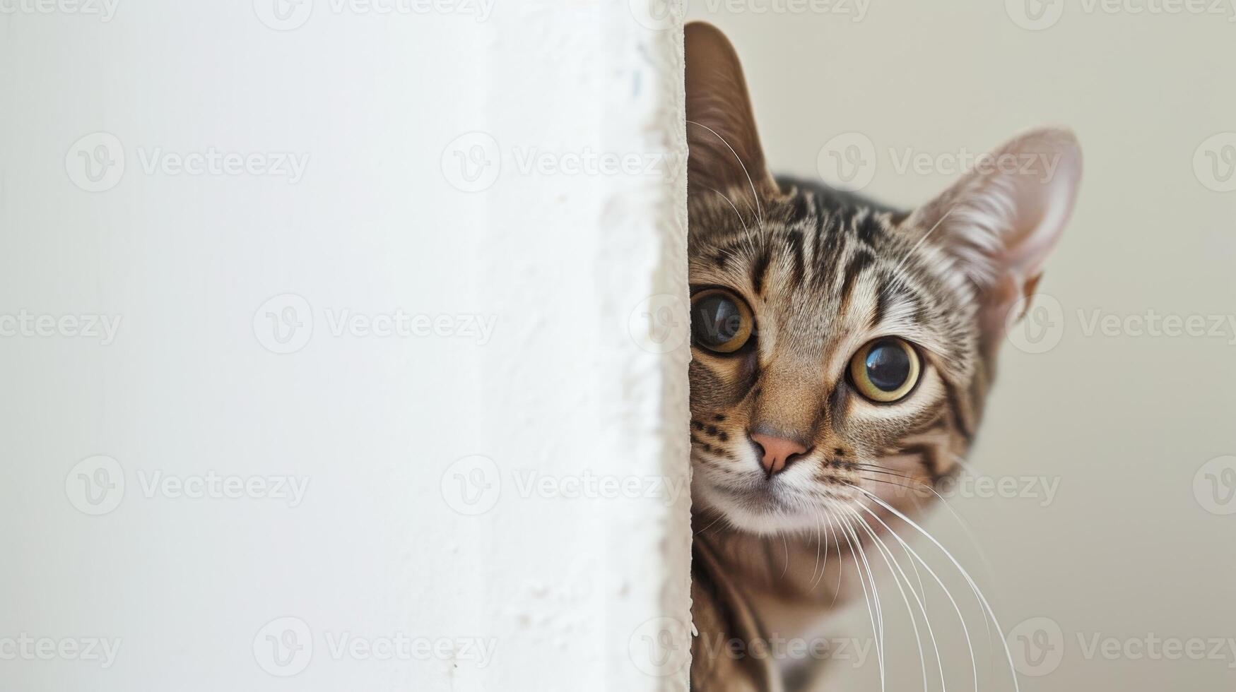 AI generated Savannah cat peeking around corner 4 photo