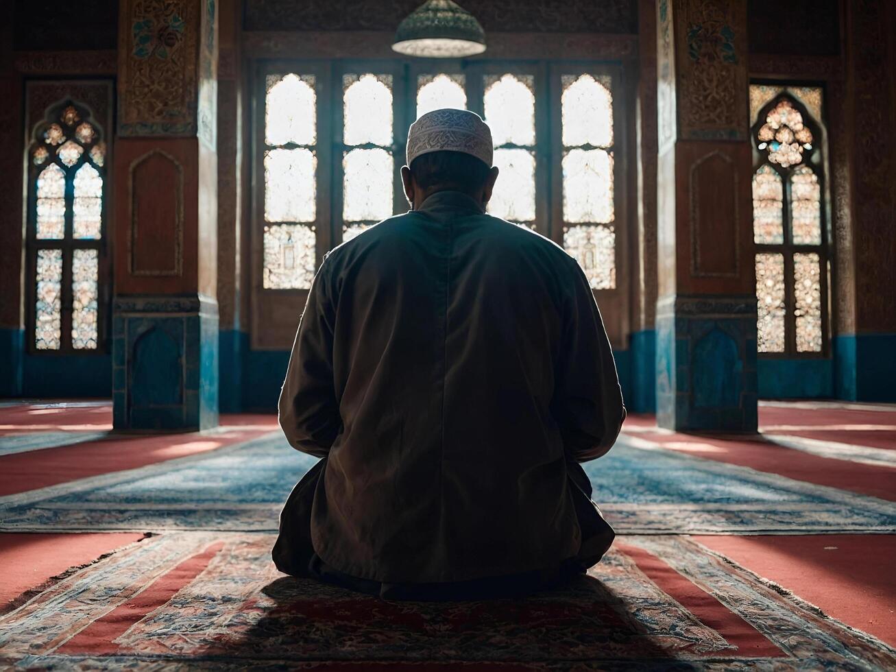 AI generated a backview of muslim man praying in a mosque. Generative AI photo
