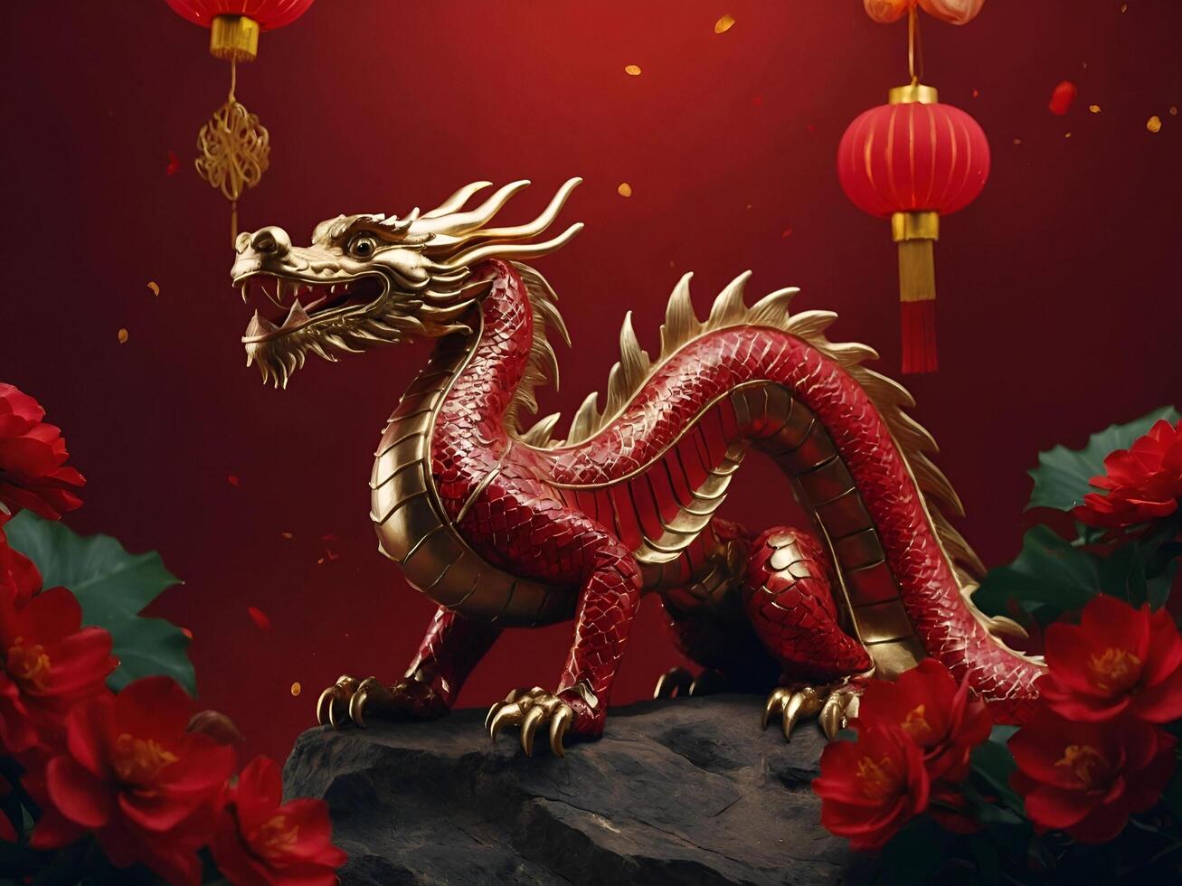 AI generated golden chinese dragon on red color background generative ai. Lunar New Year Concept photo