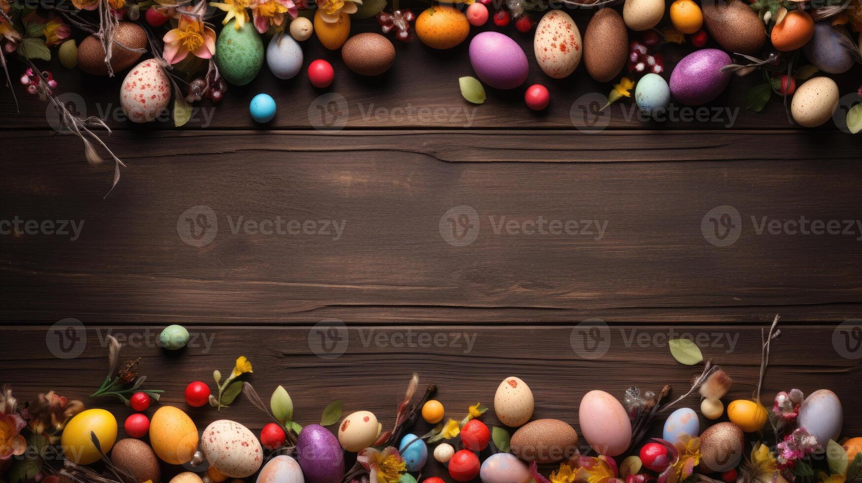 AI generated Easter eggs frame on wooden background photo