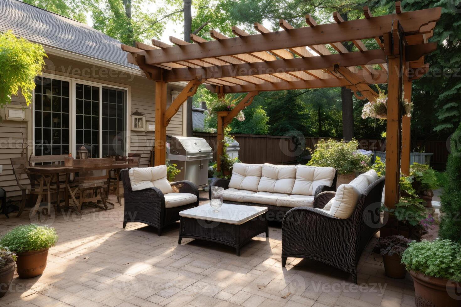 AI generated Cozy patio with sofas and a table. Pergola shade over patio. photo