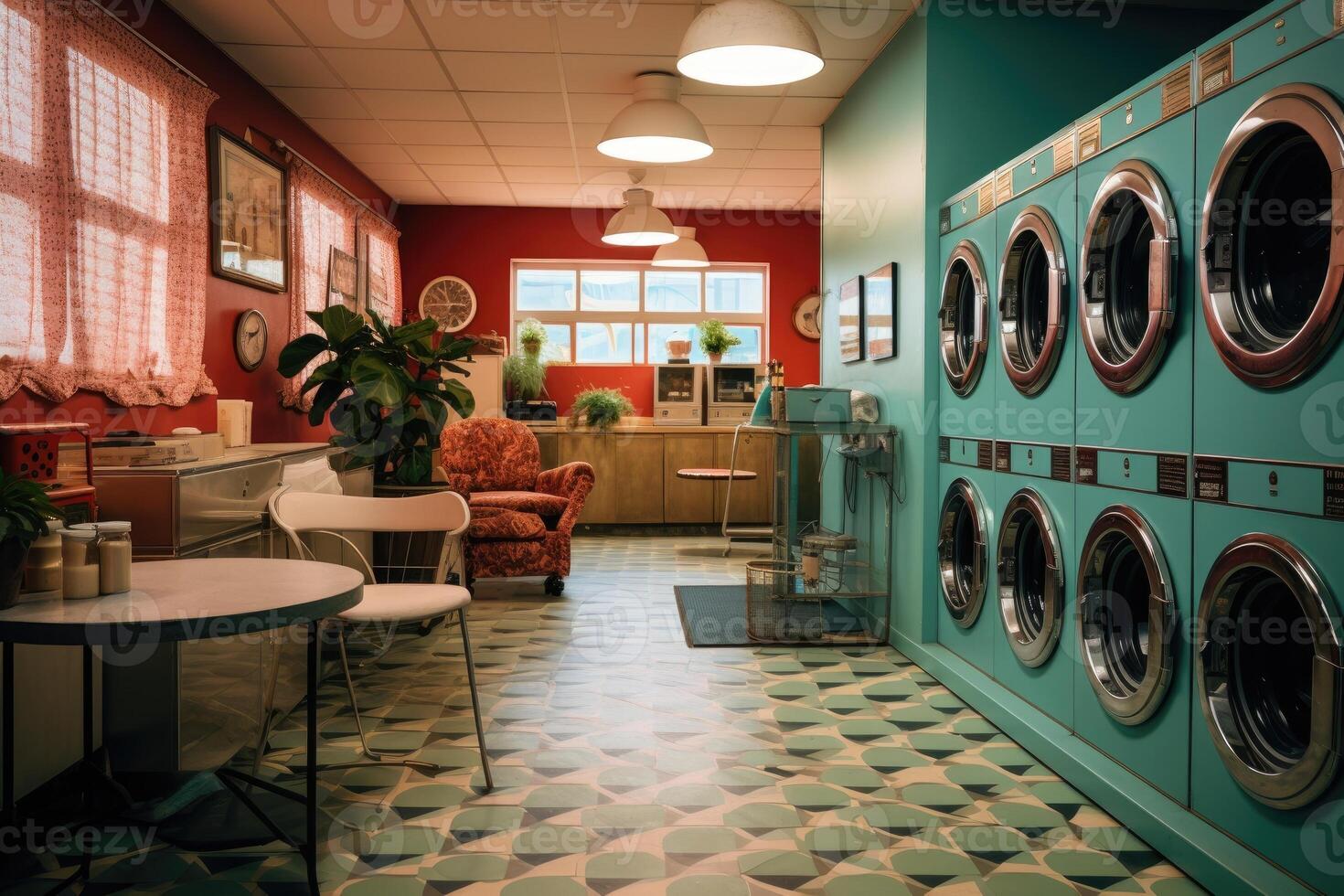 AI generated View inside a laundromat room with vintage decor and washing machines. photo