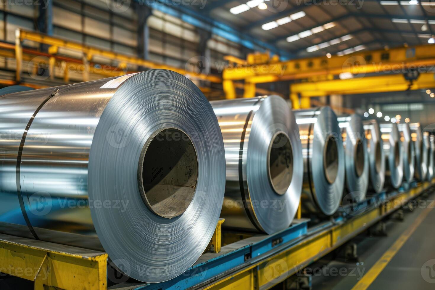 AI generated Rolls of galvanized steel sheet inside the factory or warehouse. Industrial production photo