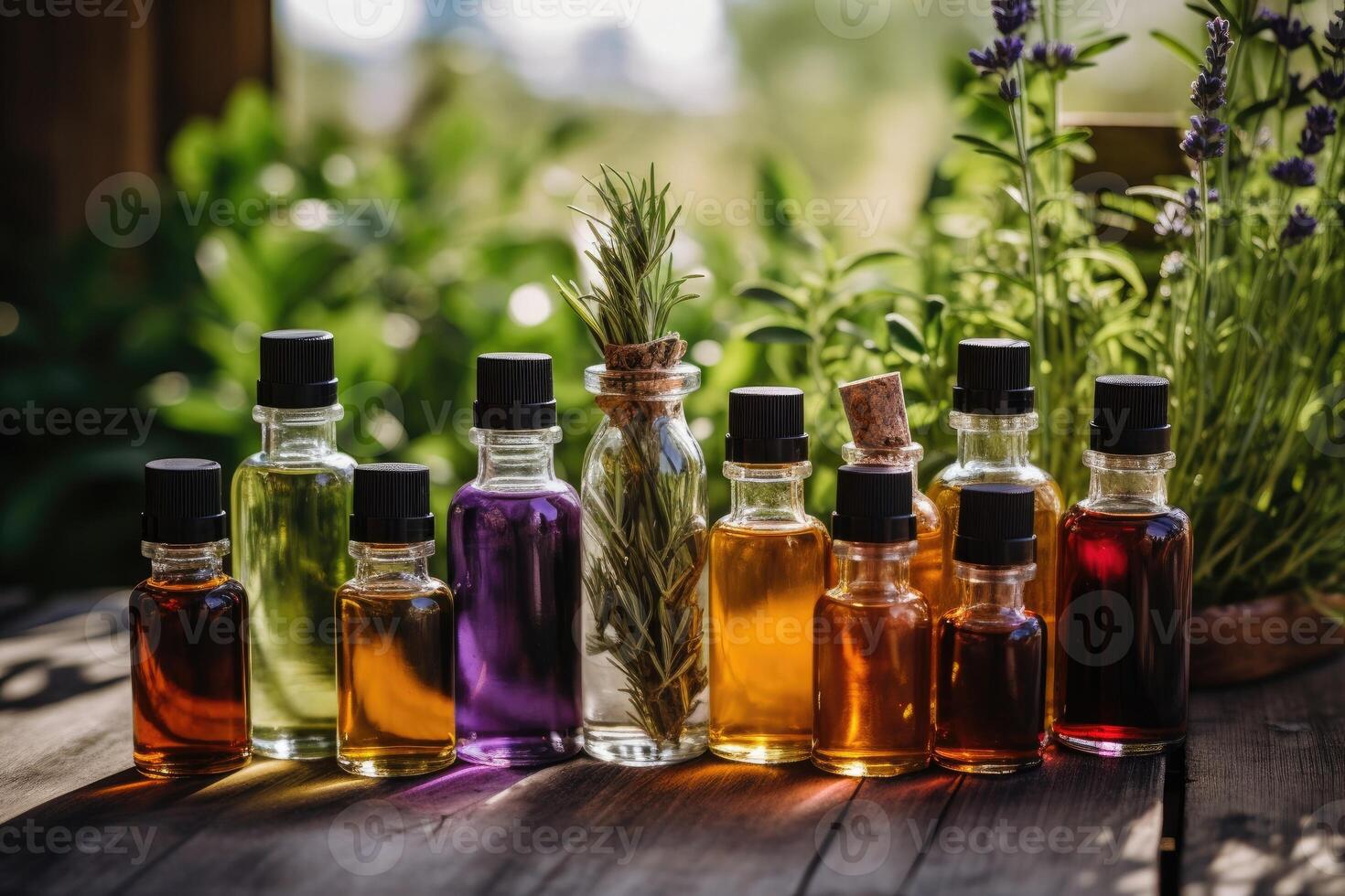 ai generado un surtido de esencial petróleo botellas con Fresco plantas tal como lavanda, menta y Romero foto