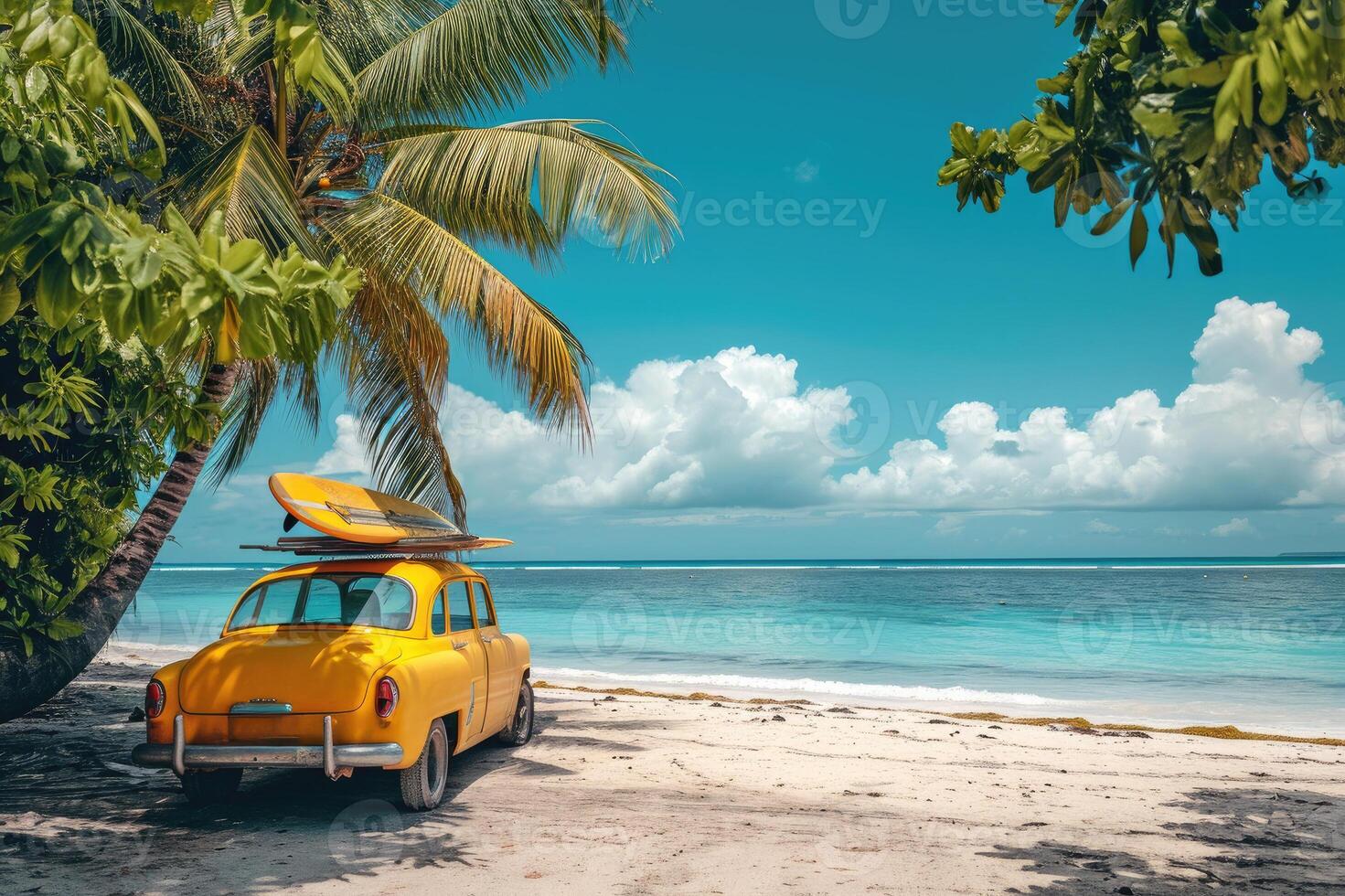 AI generated An old car parked on a tropical beach with a surfboard on the roof. photo