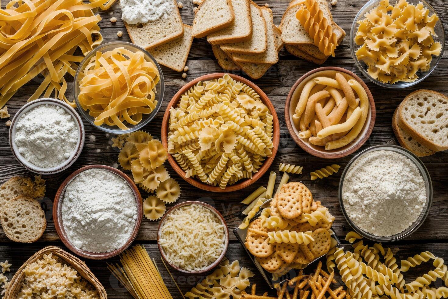 AI generated Top view of various pasta, bread, snacks and flour on wooden background. photo