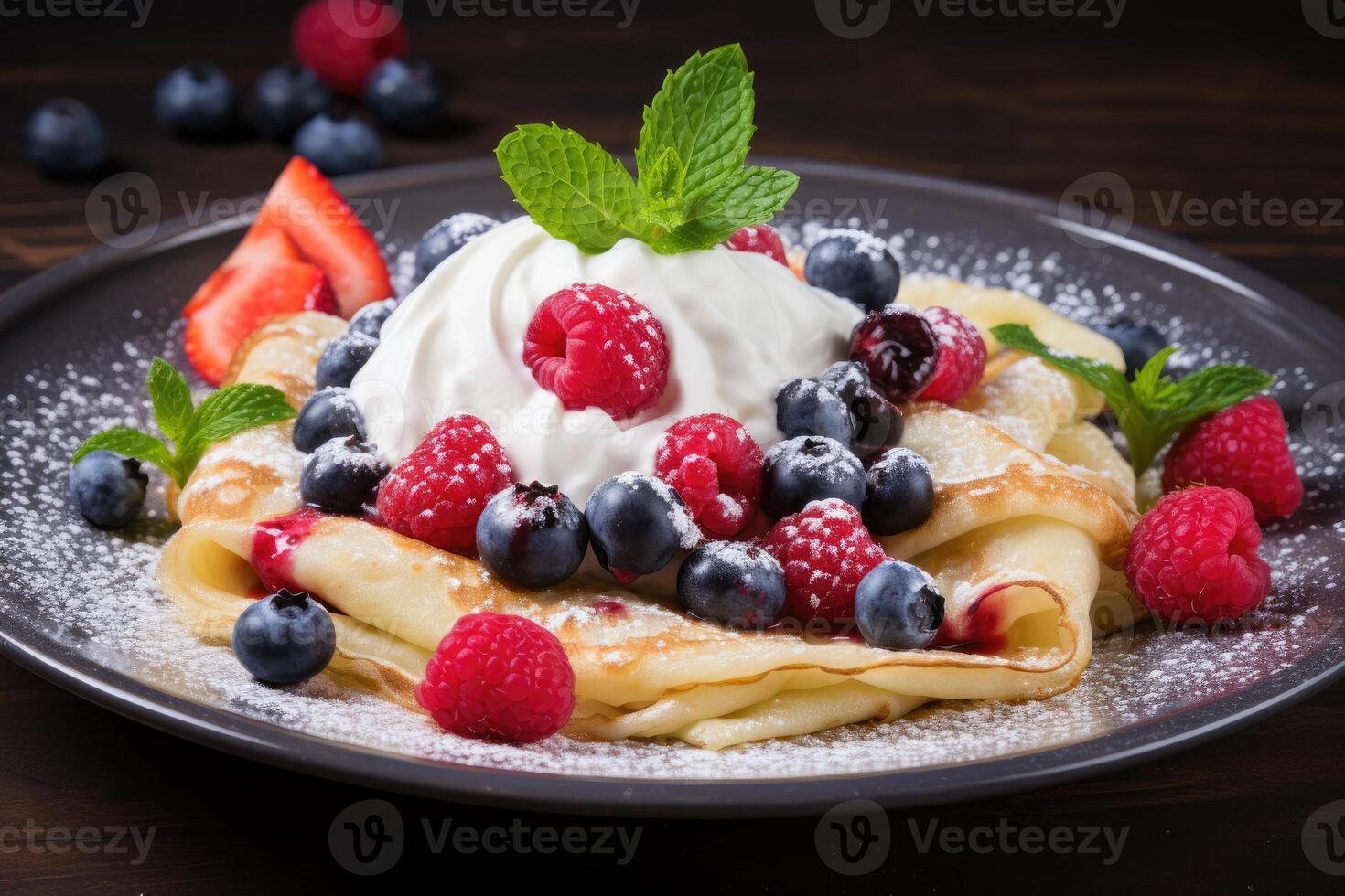AI generated Crepes with fresh berries and cream photo