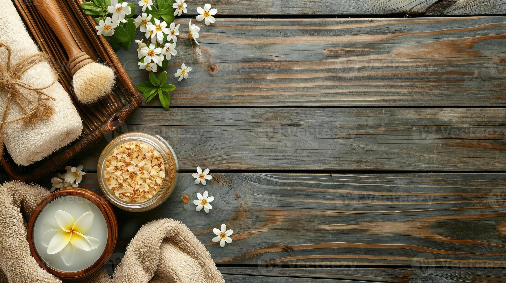 AI generated Beautiful spa composition on wooden background photo