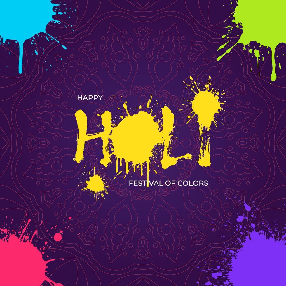 Happy Holi festival of colors square banner. Brush ink calligraphy on colorful powder splashes and mandala. Indian celebration postcard. India traditional holiday flyer. Hindu national color festive vector