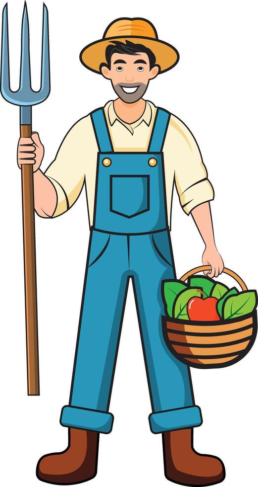 Farmer with a Pitchfork and a Fruit Basket vector