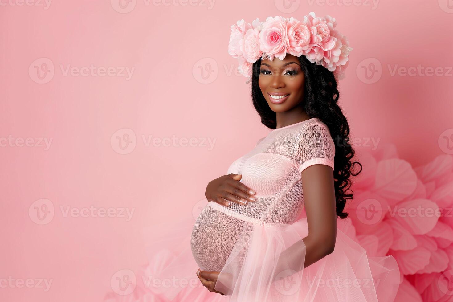 ai generado estudio foto retrato de hermosa oscuro piel africano americano embarazada mujer en color antecedentes