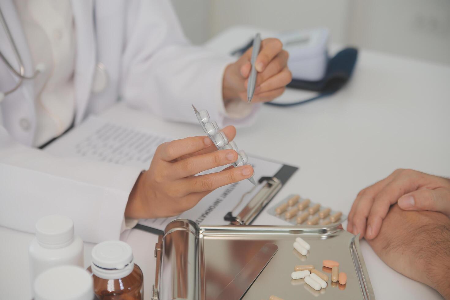 Healthcare service and pharmacy worker with customer at store counter for medication explanation. Pharmaceutical advice and opinion of pharmacist helping girl with medicine information. photo