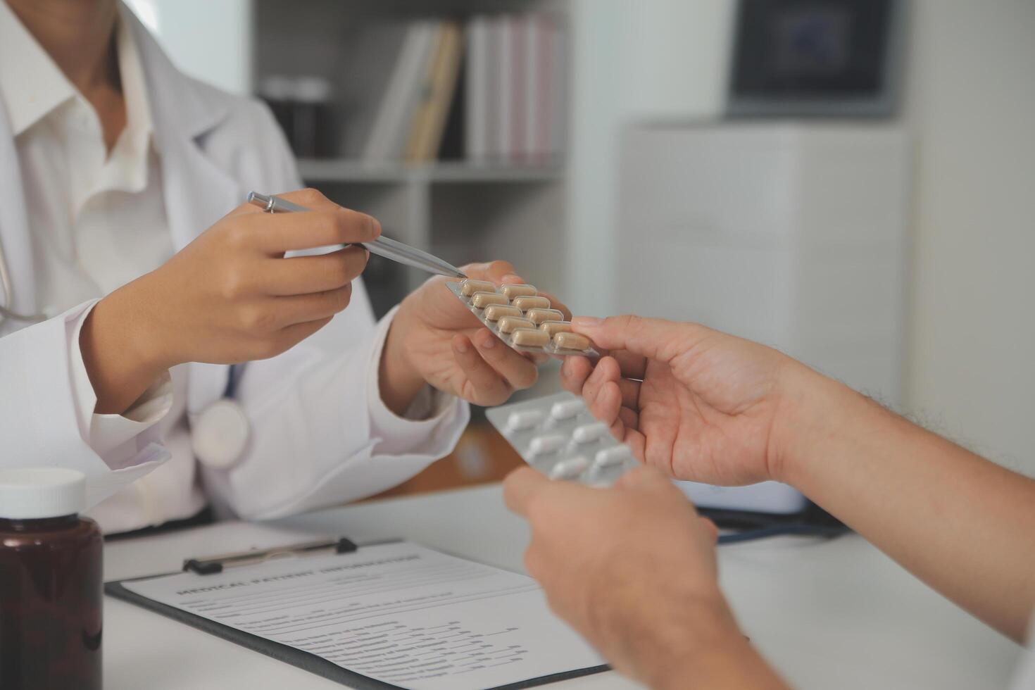 Healthcare service and pharmacy worker with customer at store counter for medication explanation. Pharmaceutical advice and opinion of pharmacist helping girl with medicine information. photo